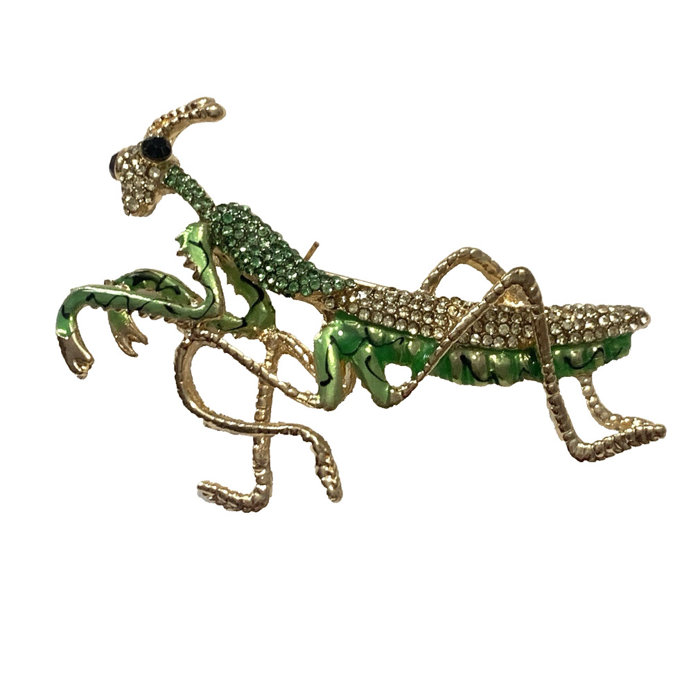 Large Rhinestone Enamel Praying Mantis Brooch 3.5" Figural Insect Statement Pin
